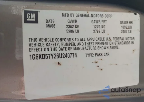 2006 Cadillac Dts Standard z USA, uszkodzony, nr VIN 1G6KD57Y26U240774